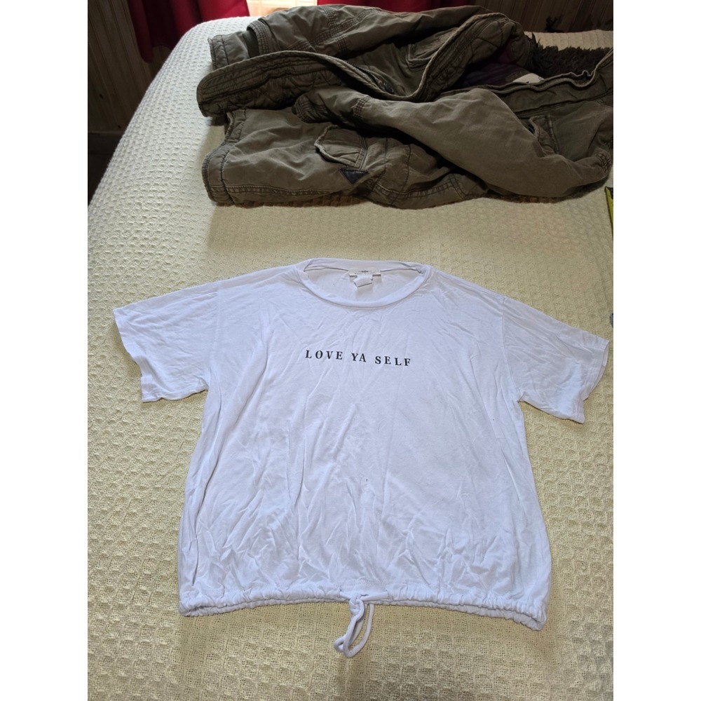 Rebel Society Love Ya Self Graphic Tee White Cinch Hem Short Sleeve Top M
